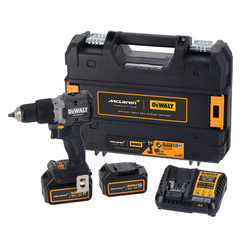 Akku-Schlagbohrschrauber XR 18V Brushless Dewalt DCD85MP2T-QW McLaren Limited Edition, geliefert mit 2 Li-Ion-Akkus 5Ah, 1 Ladegerät im TSTAK-Koffer