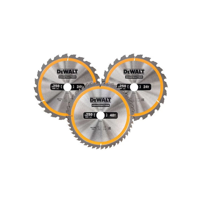 Kunststoffkoffer mit 3 Sägeblättern Ø250mm DEWALT DT1963-QZ Hartmetall Construction für stationäre Kreissägen: DT1952x2, DT1959