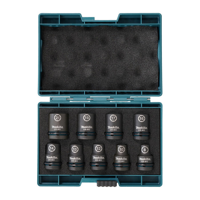 Koffer mit 9 Vierkant-Steckschlüsseleinsätzen 1/2" IMPACT BLACK Makita E-16570 von 8 bis 21mm