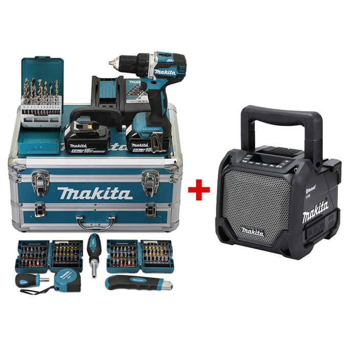 Akku-Bohrschrauber MAKITA LXT DDF484RTX6 mit Zubehör + Lautsprecher DMR202B