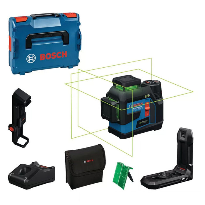 Linienlaser BOSCH GLL 12V-100-33 CG + Klemme DK 20 + Akku GBA 12V 2.0Ah in L-Boxx