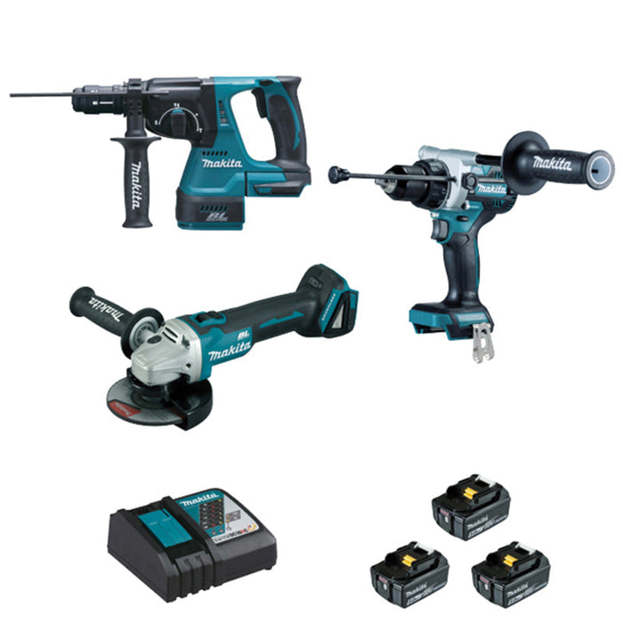 3er-Set MAKITA DLX3157TJ (DDF486+DHR243+DGA506+BL1850×3+DC18RC+MAK2&4)