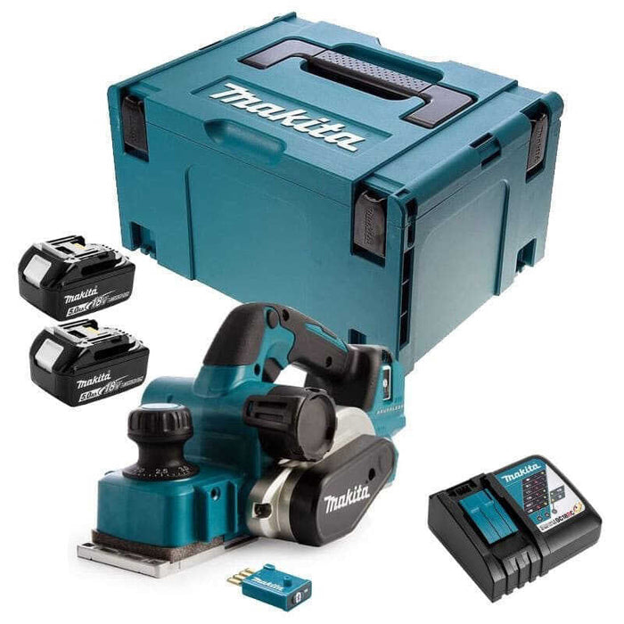 Brushless-Hobel 82mm 2x5Ah 18V LXT ® MAKITA DKP181RTJU im Koffer + AWS-Chip