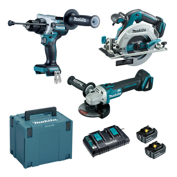 Set aus 3 Maschinen 18 V Li-Ion MAKITA DLX3178PTJ 5 Ah (DHP486+DGA506+DHS680)