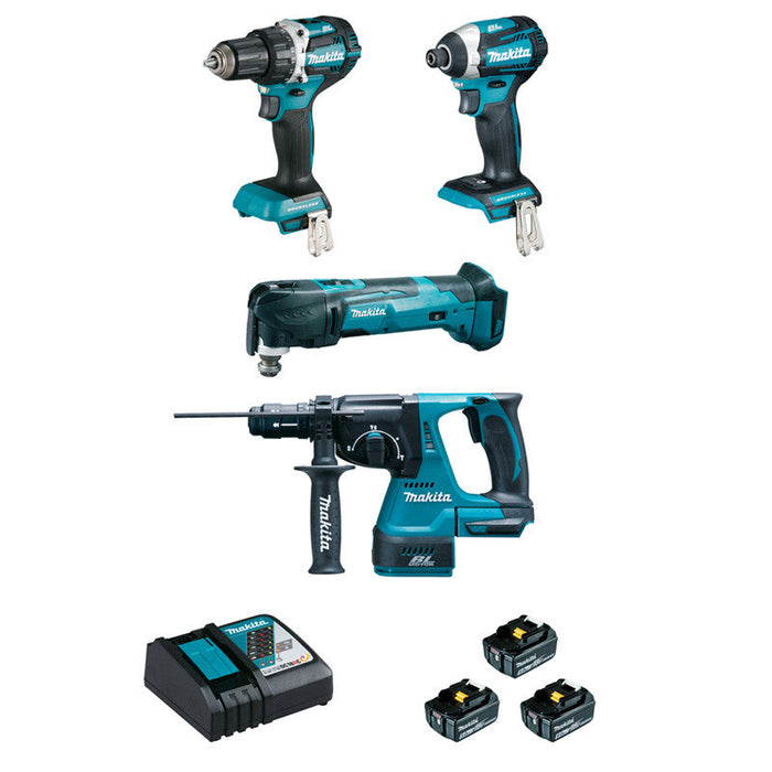 Set aus 4 Maschinen 18 V Li-Ion MAKITA DLX4109TJ 5 Ah (DDF484 + DTD154 + DHR243 + DTM51)