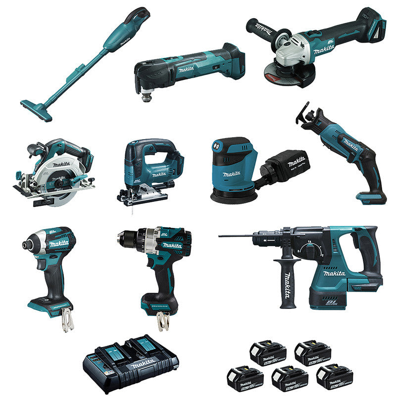 10er-Set MAKITA LOT0309 18V 5 x 5.0 Ah (DCL180 - DHP486 - DTD154 - DGA506 - DHS680 - DHR243 - DTM51 - DJR183 - DJV182 -DBO180)