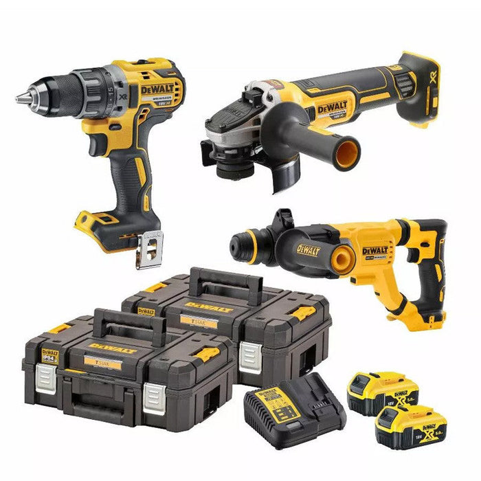 3er-Set SDS-plus Bohrhammer, 125-mm-Winkelschleifer und kompakter Akku-Bohrschrauber DEWALT DCK327P2T (DCH263 / DCG405 / DCD791)