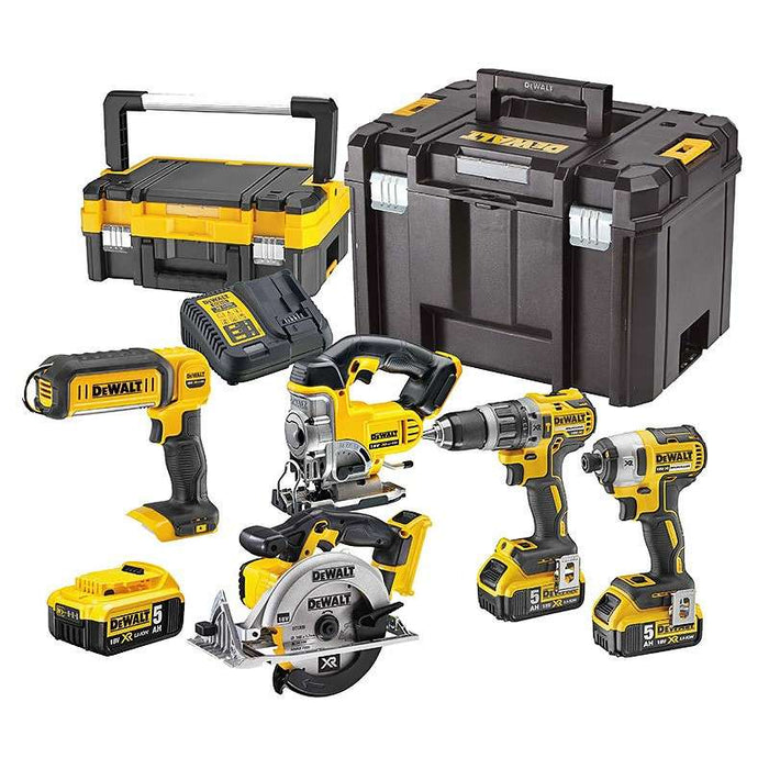 5er-Set DEWALT DCK551P3T Maschinen: Bohrmaschine (DCD796), Akku-Schlagschrauber (DCF887), Stichsäge (DCS331), Kreissäge (DCS391) und eine LED-Lampe (DCL050) mit Koffer und 3 Akkus 5,0 Ah 18V